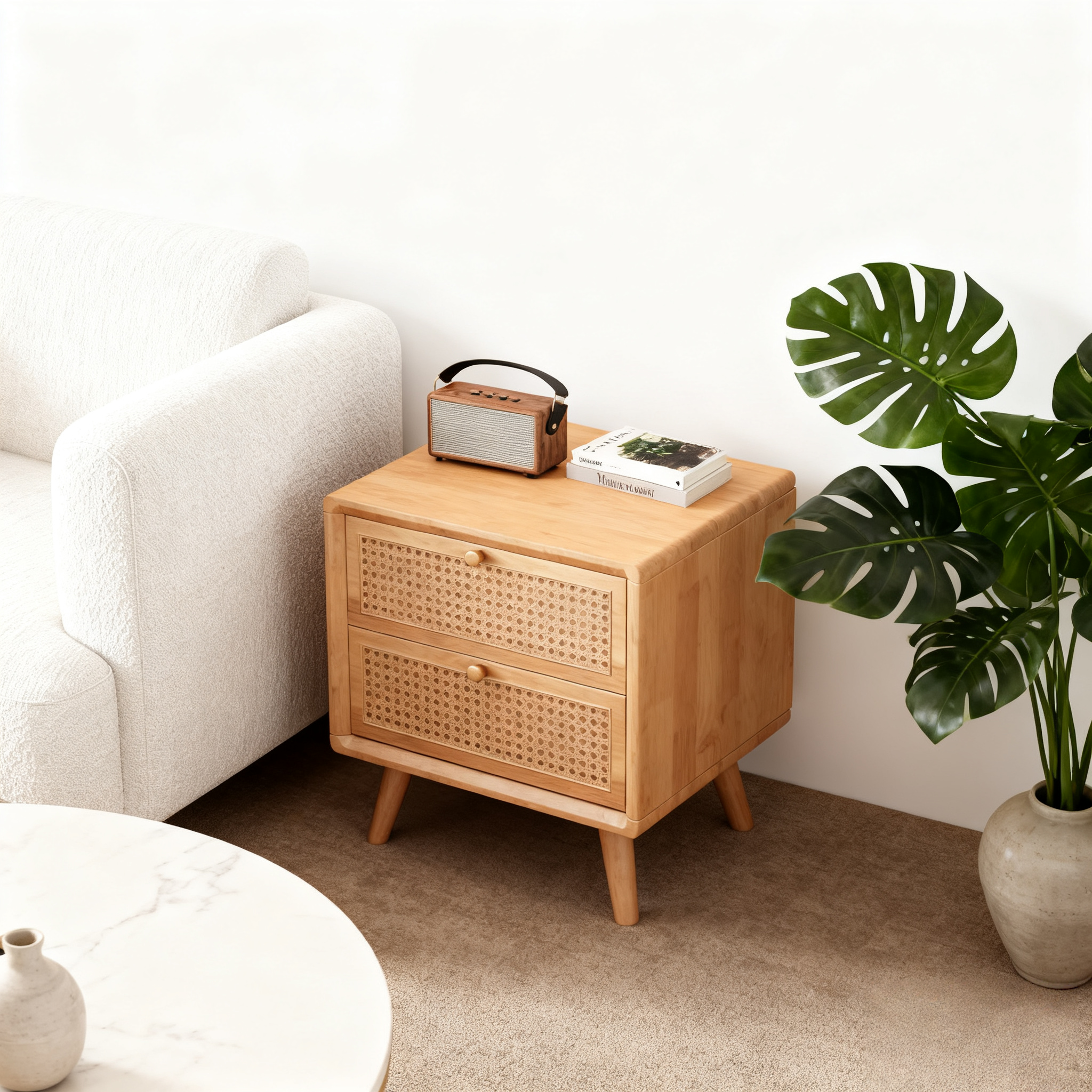 Solid Wood 2-Drawer Nightstand – Modern Chinese Style