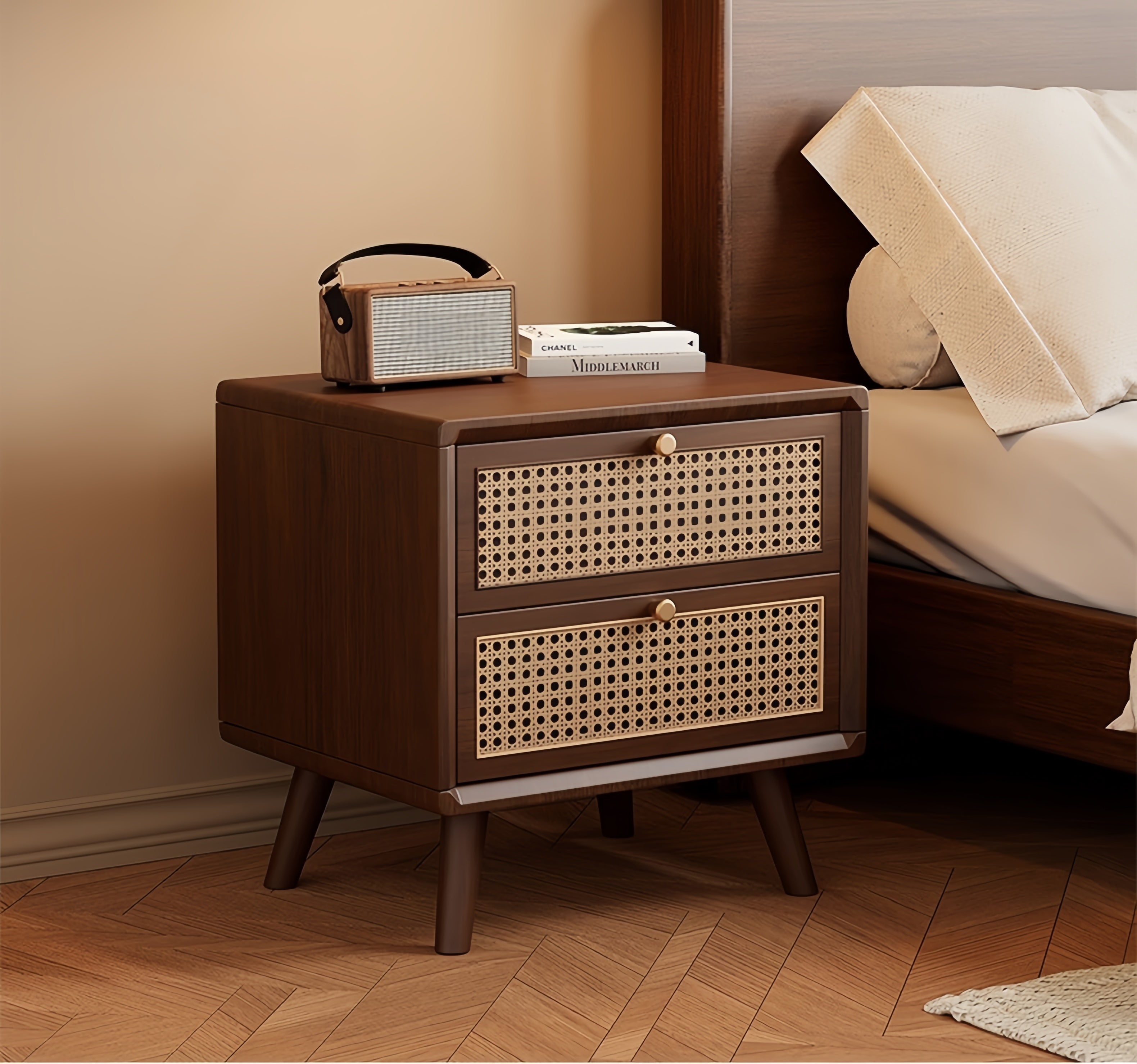 Solid Wood 2-Drawer Nightstand – Modern Chinese Style