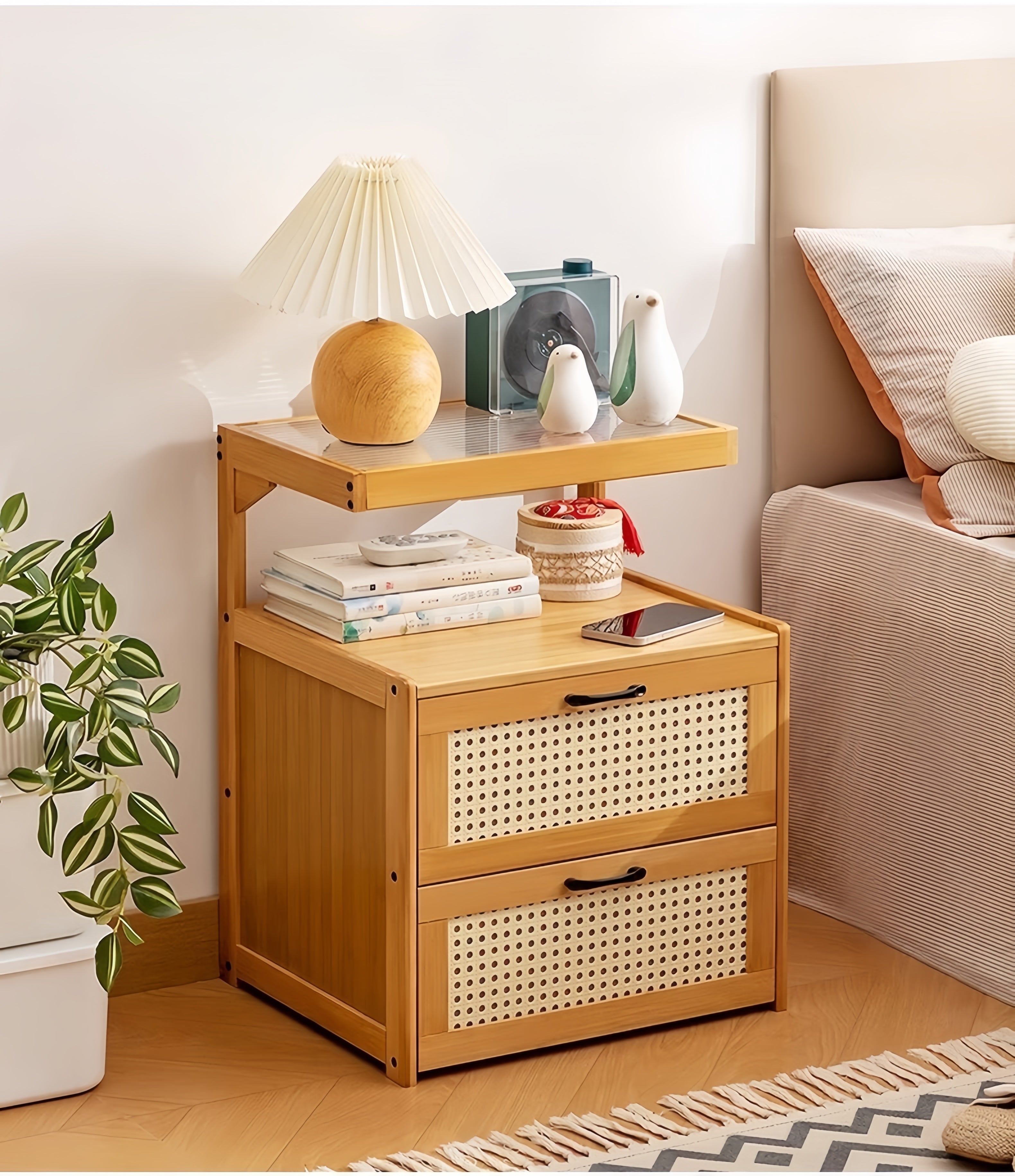 Narrow Bamboo Nightstand – Small Bedside Storage Cabinet