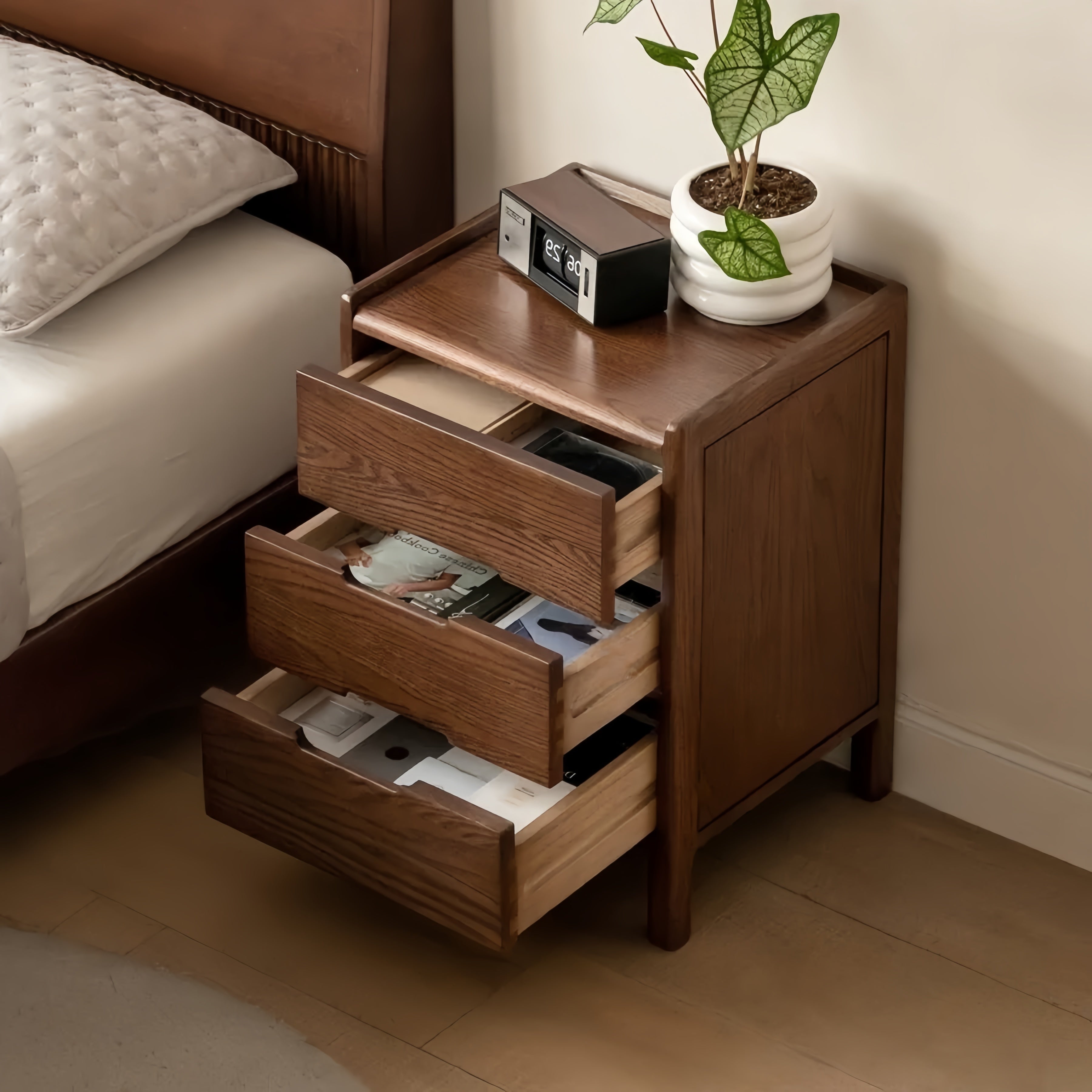 Solid Wood Nightstand – Oak Bedside Storage Cabinet