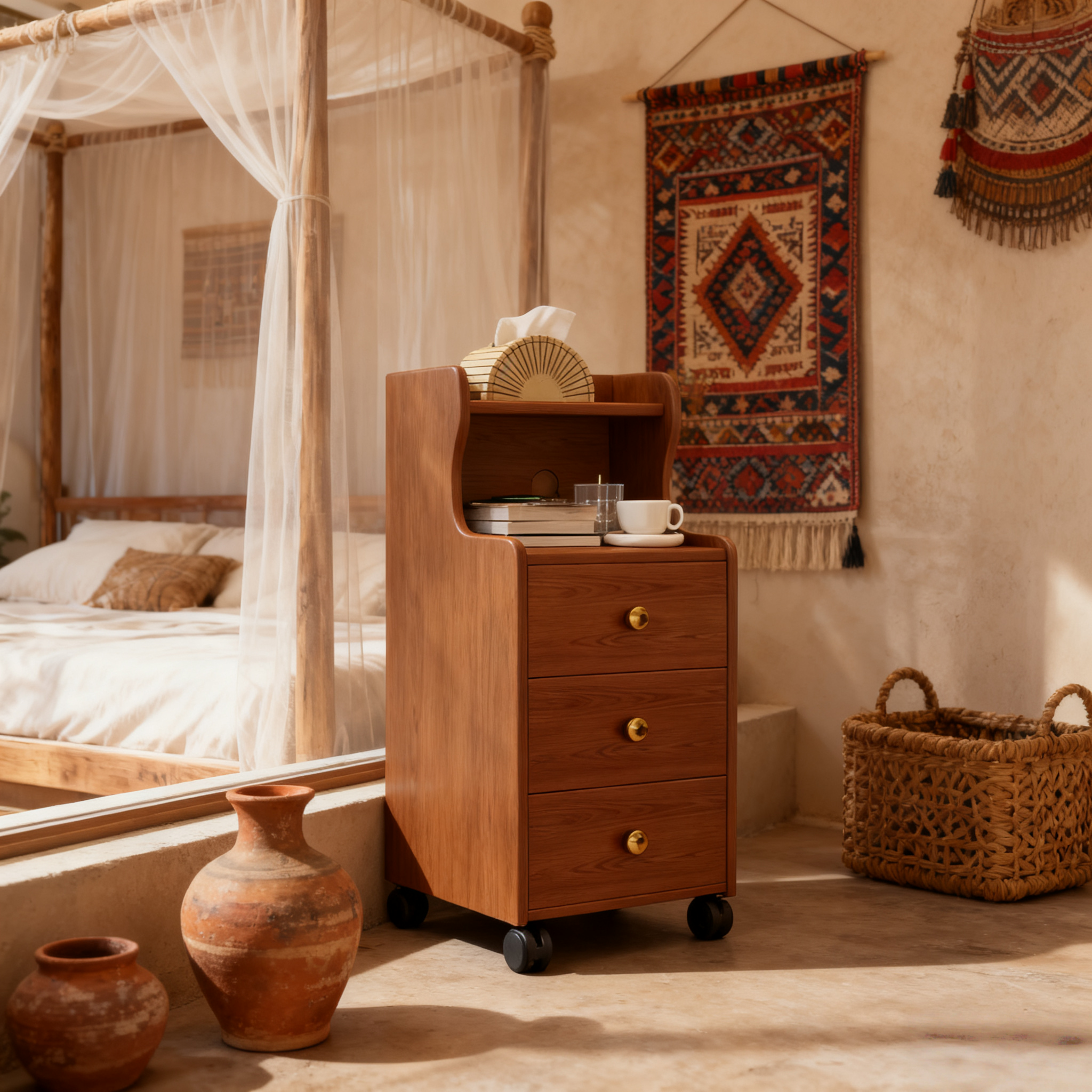 Solid Wood Nightstand – Modern Chinese-Style 3-Drawer Bedside Cabinet