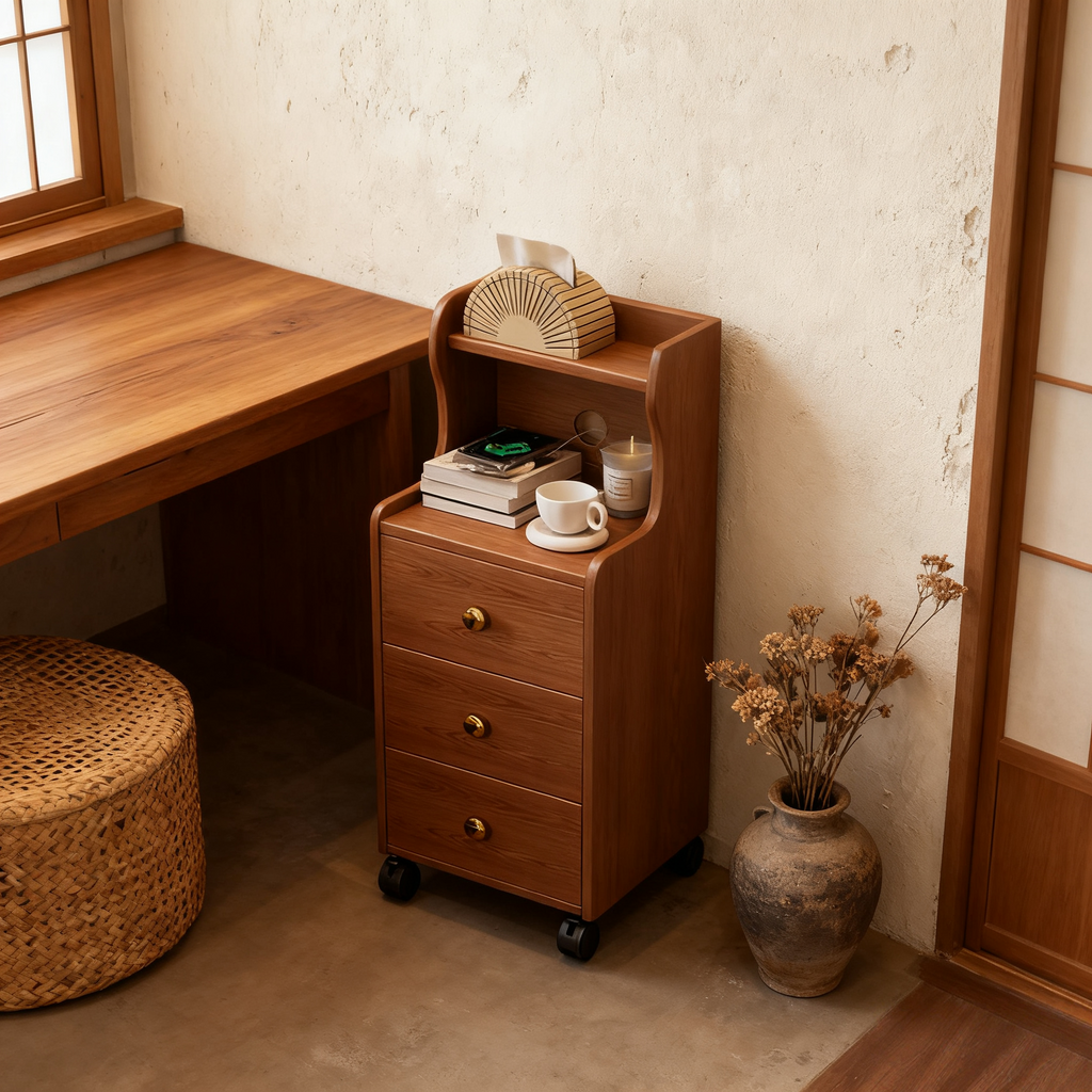 Solid Wood Nightstand – Modern Chinese-Style 3-Drawer Bedside Cabinet