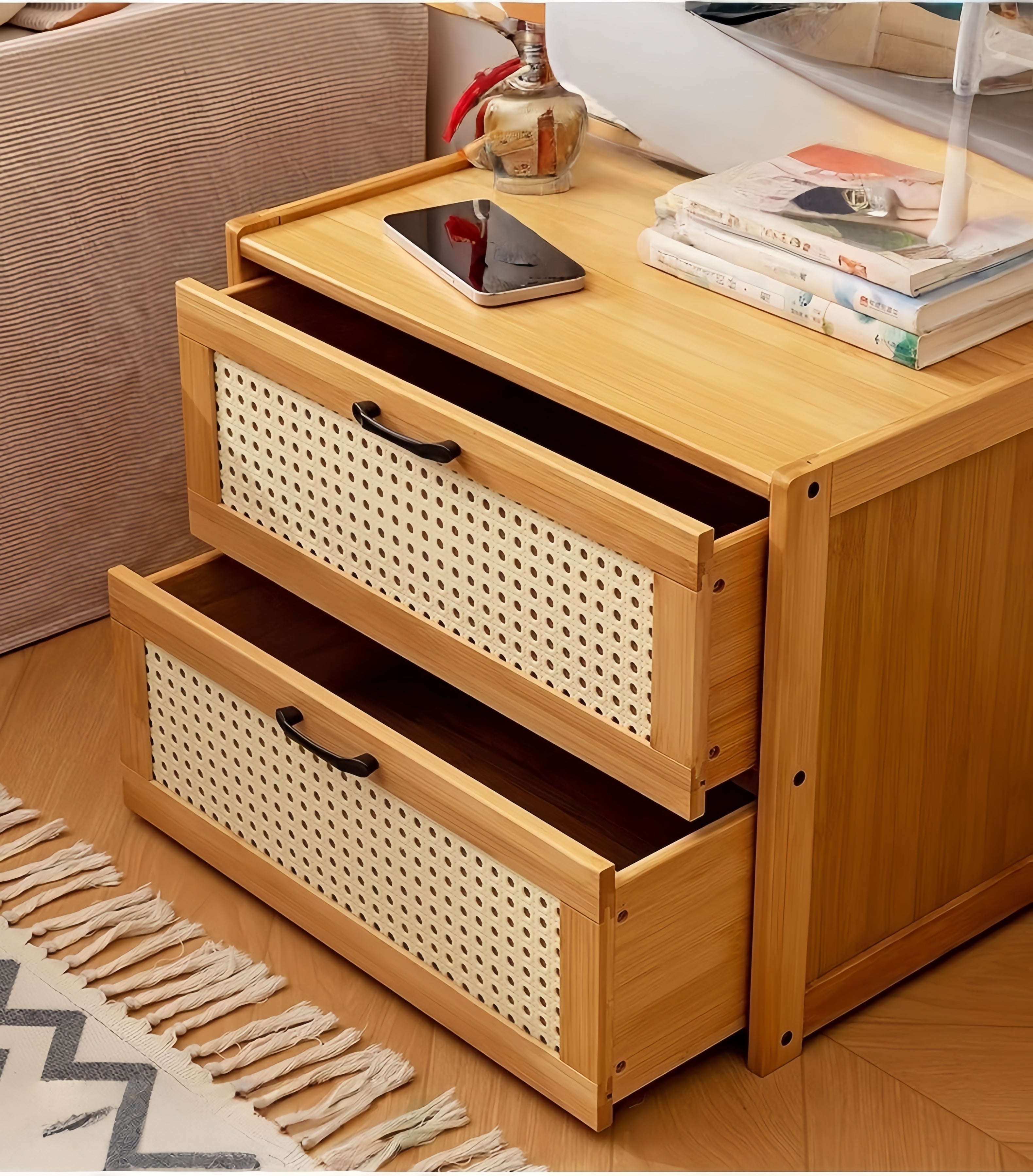 Narrow Bamboo Nightstand – Small Bedside Storage Cabinet
