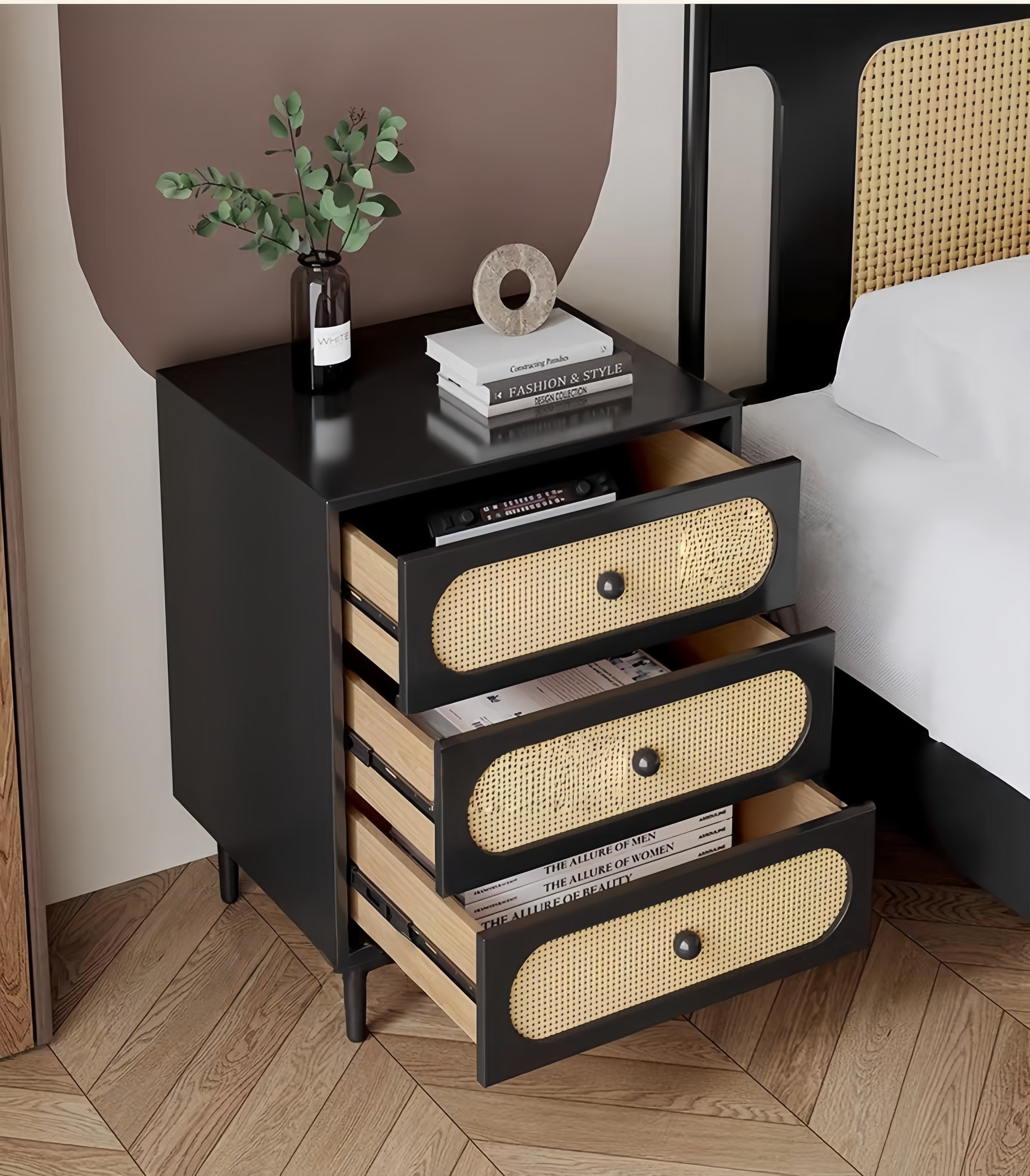 Vintage Nordic Solid Wood Nightstand – Woven Bedside Storage Cabinet