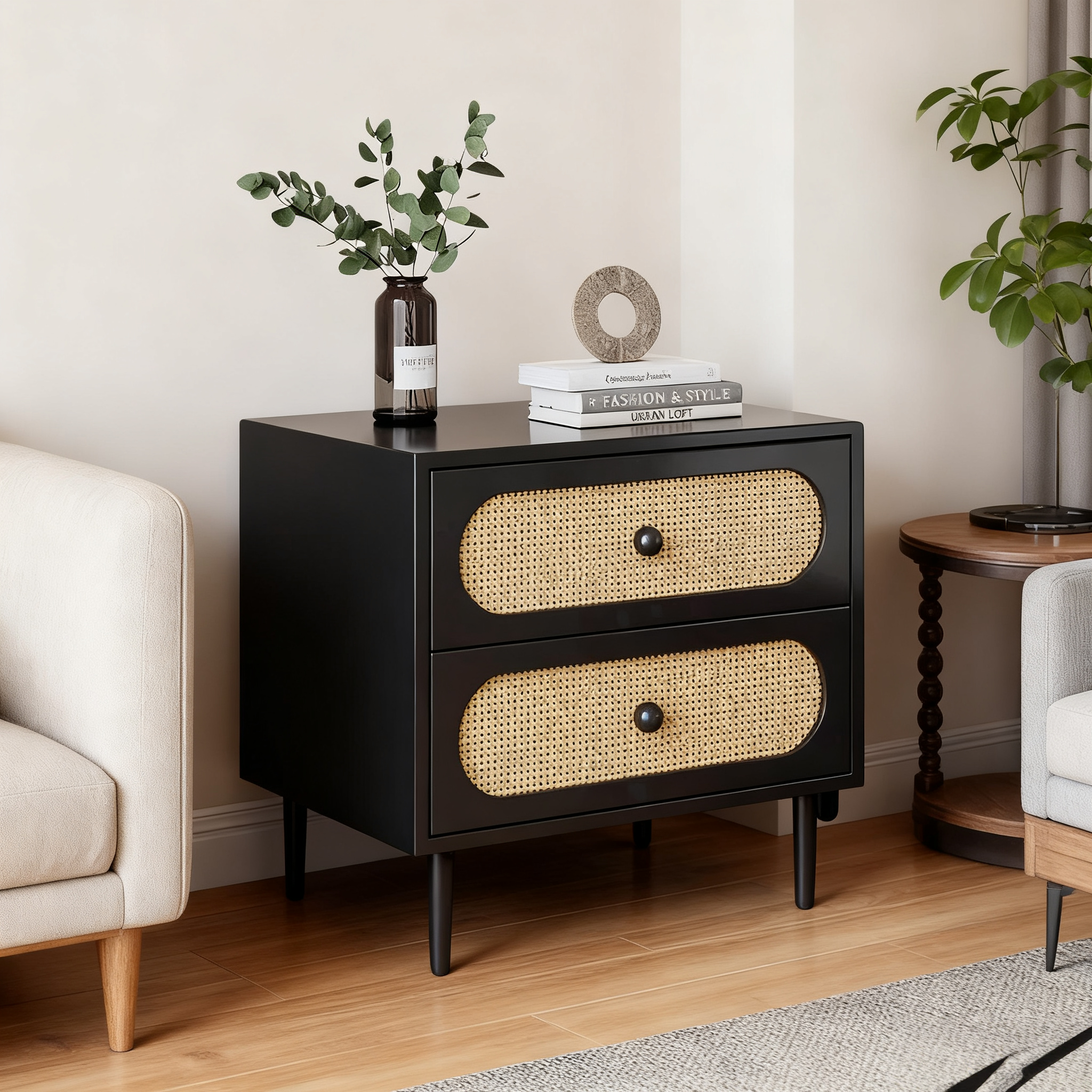 Vintage Nordic Solid Wood Nightstand – Woven Bedside Storage Cabinet