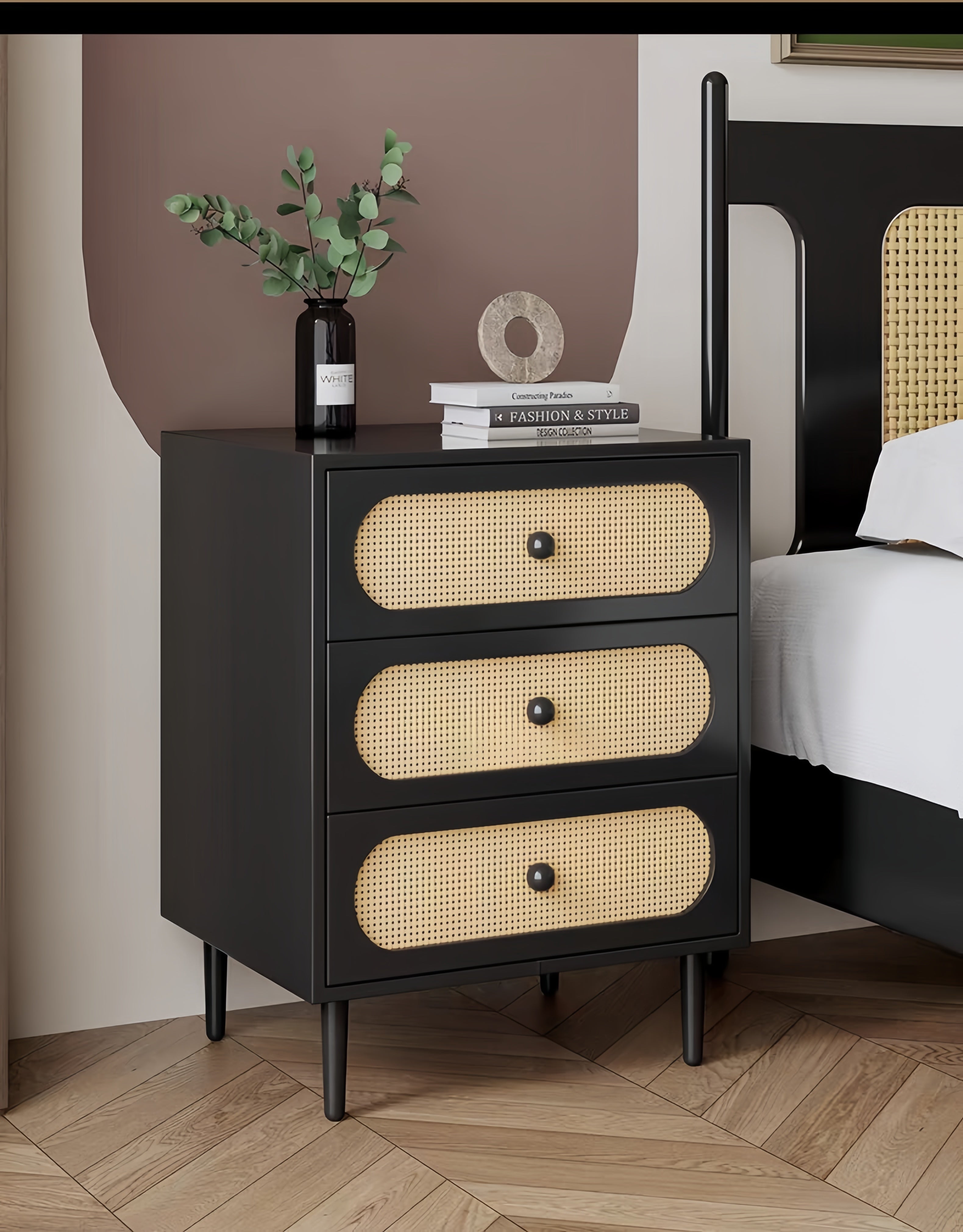 Vintage Nordic Solid Wood Nightstand – Woven Bedside Storage Cabinet