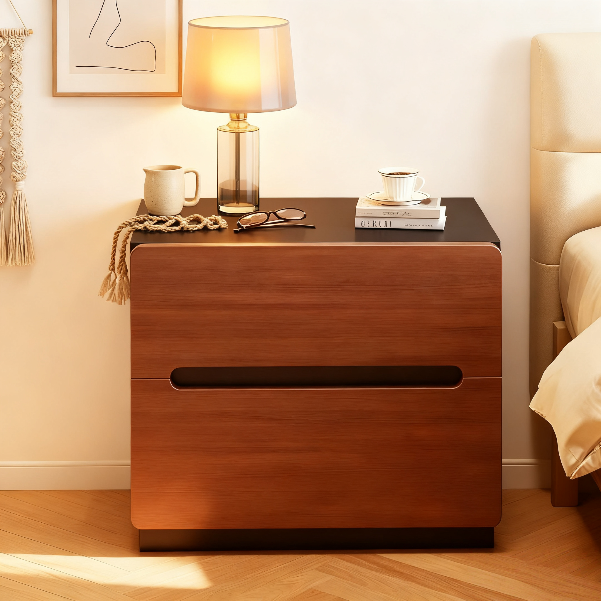 Solid Wood Nightstand – Vintage-Inspired Small Bedroom Storage Cabinet