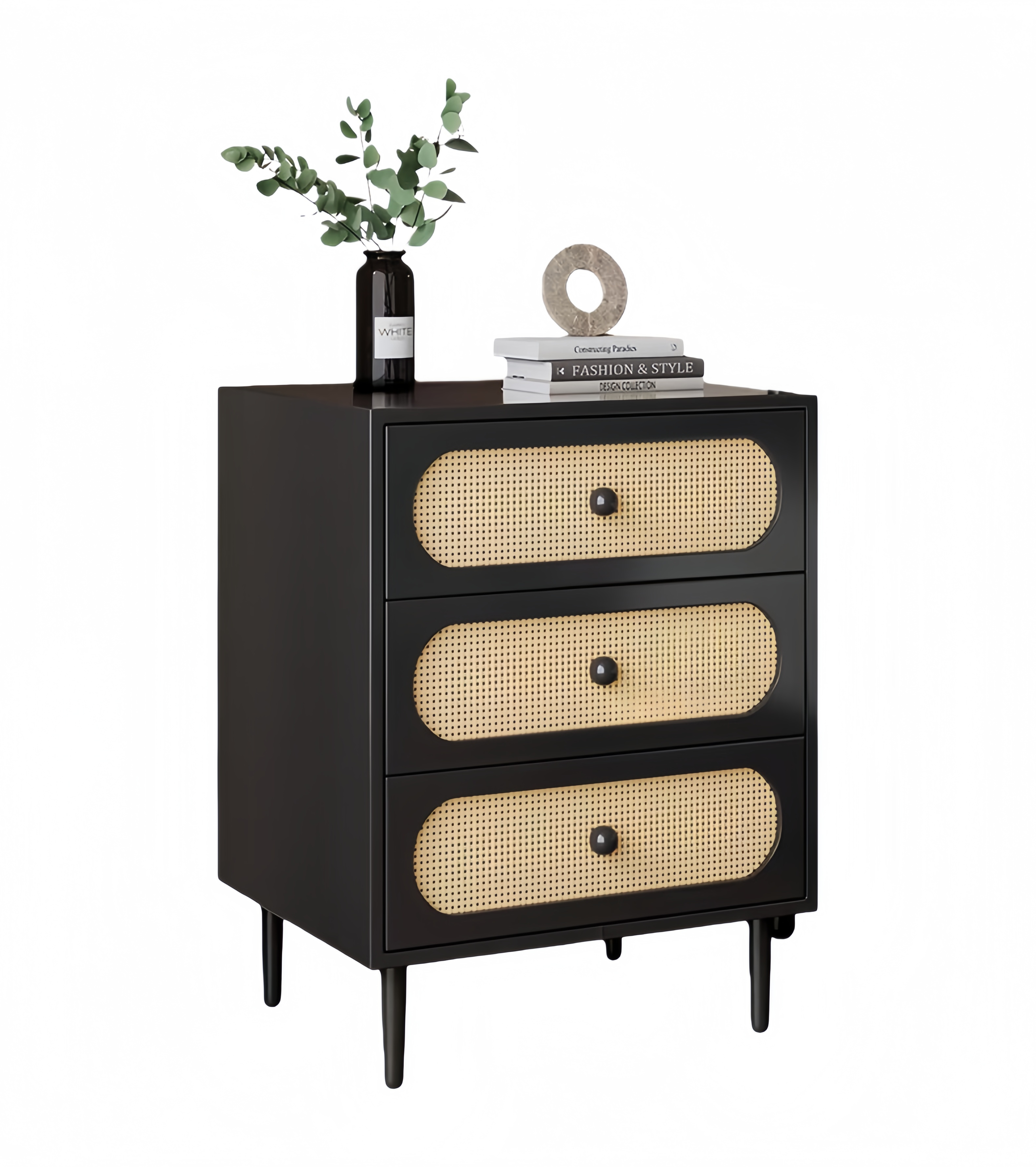 Vintage Nordic Solid Wood Nightstand – Woven Bedside Storage Cabinet