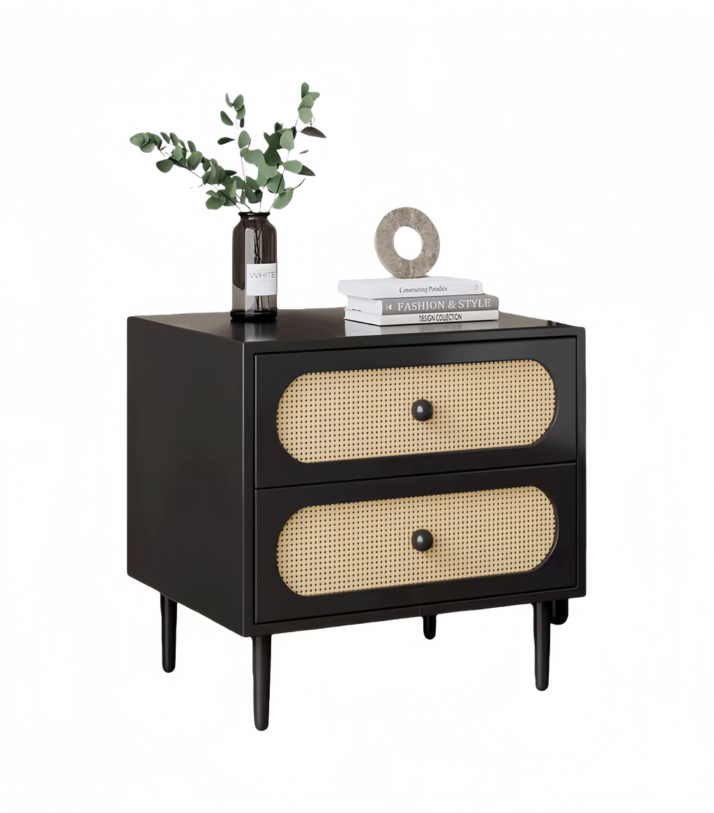 Vintage Nordic Solid Wood Nightstand – Woven Bedside Storage Cabinet