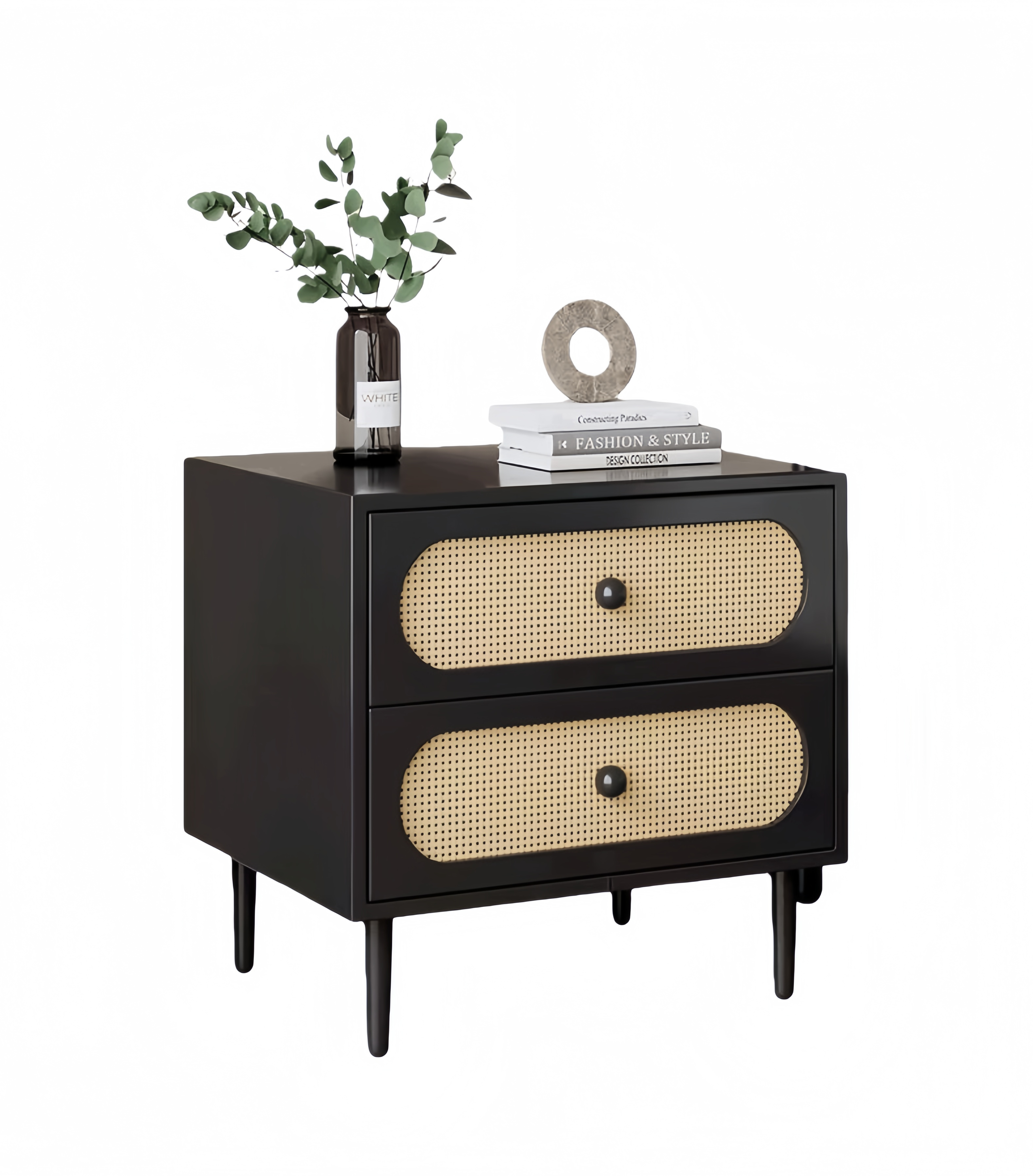 Vintage Nordic Solid Wood Nightstand – Woven Bedside Storage Cabinet